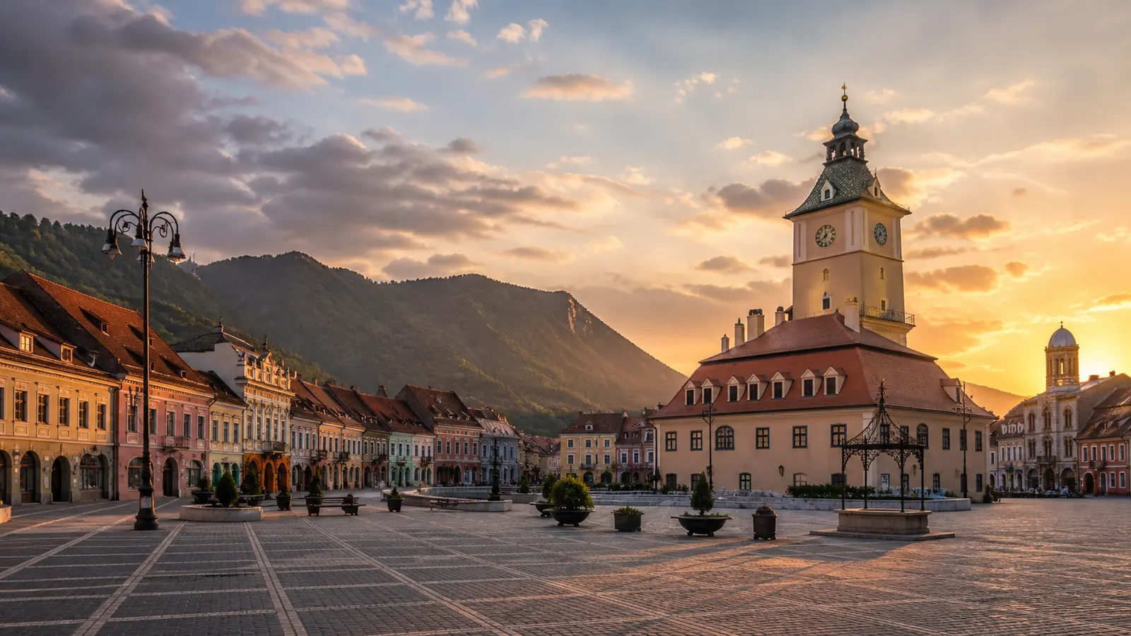 Historic square in Transylvania at sunset