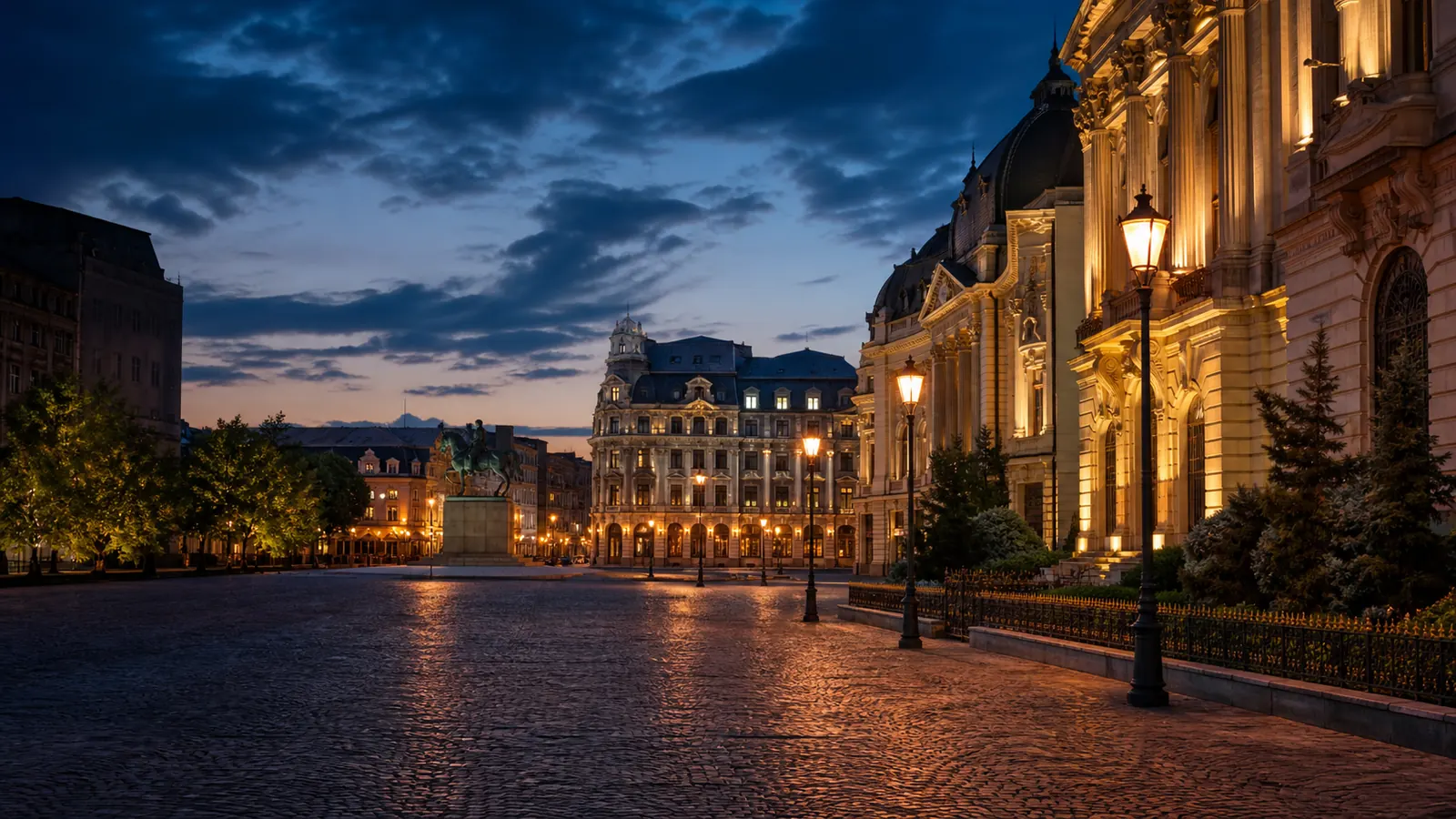 Historic square in Romania at night with illuminated architecture