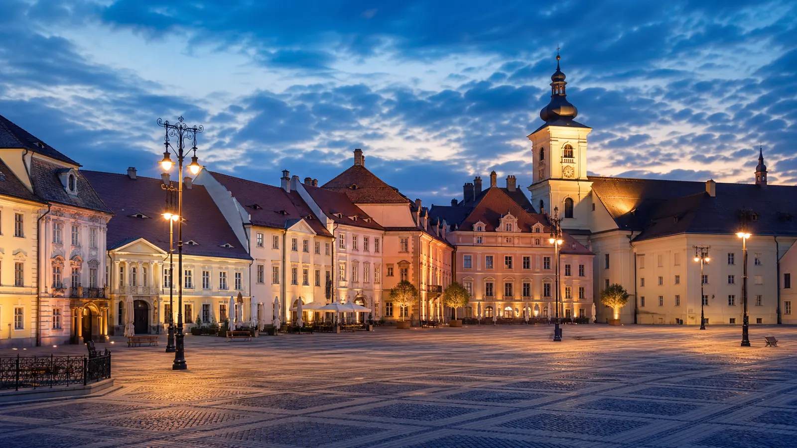 Historic Romanian square at blue hour